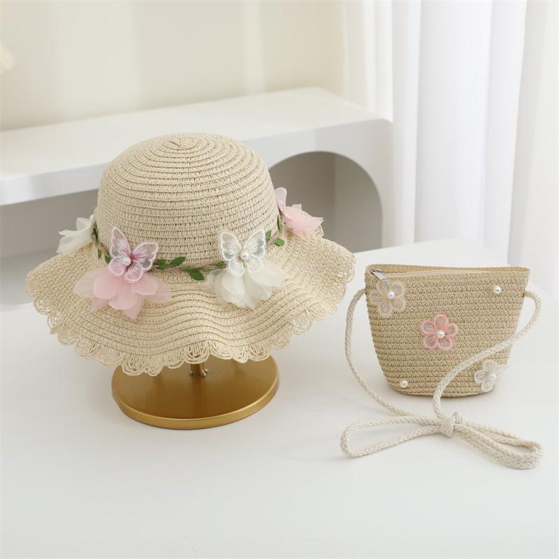 Children's Straw Hat Set with Shoulder Straps Cute Flower Hat and Tote Bag, Girls Baby 2 Pieces Children's Sun Protection Accessories