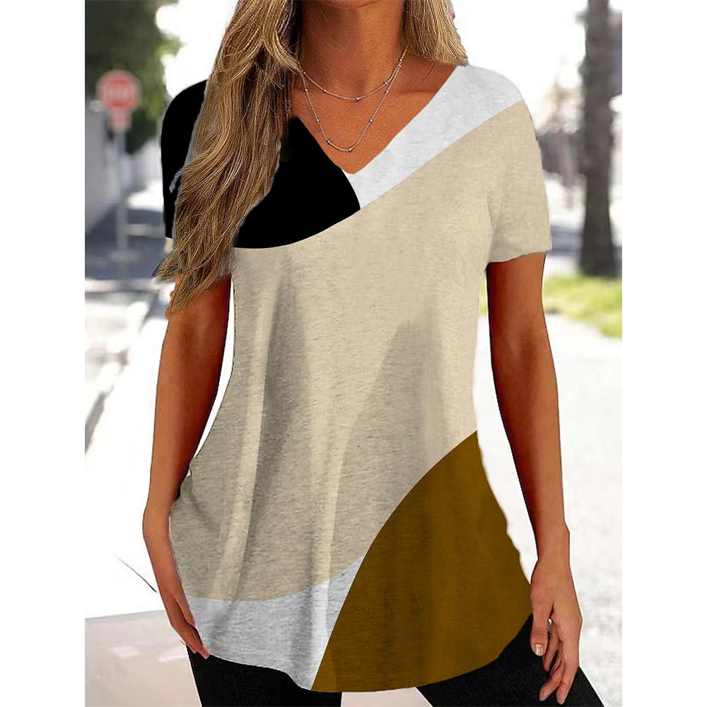 Summer V-neck 3D Printed Irregular Geometric Pattern Top Fashionable Casual Short Sleeved Women's T-shirts