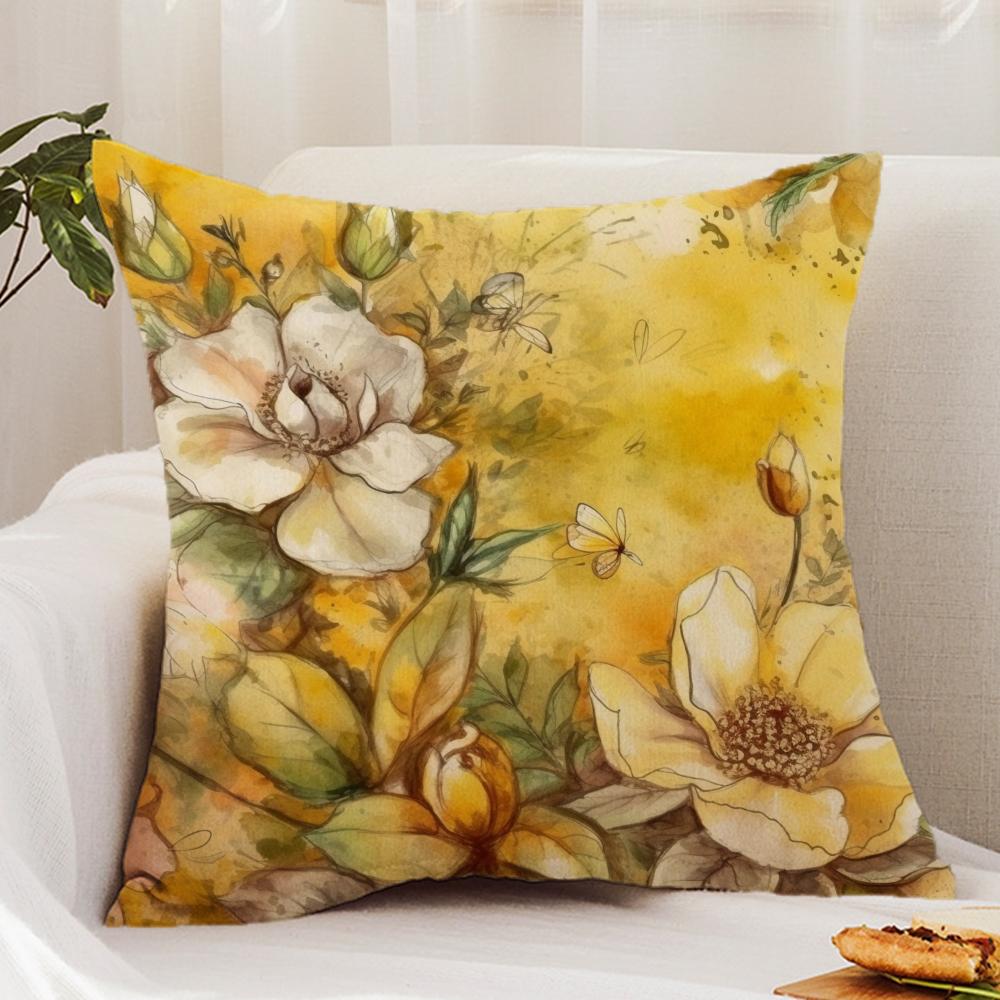 

Saffron Color Floral Cushion Cover Premium Comfort Reversible Pillow Cover - Dual - Use Design for Home & Car 12x12Inch