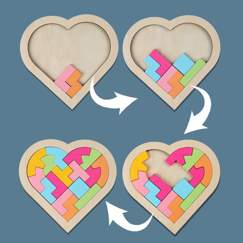 Kids Wooden 3D Puzzle Game Colorful Jigsaw Tangram Math Toys Heart Shape Baby Montessori Educational Learning Toys