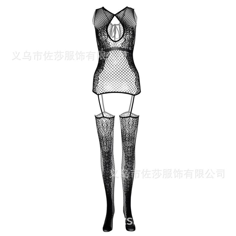 Sexy Suspender One Piece Jacquard Open Crotch Fishnet Lingerie Set
