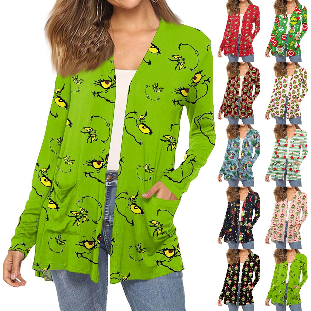 Women's Fashion Christmas Print Long-Sleeved Pocketed Slim-Fit Cardigan Coat