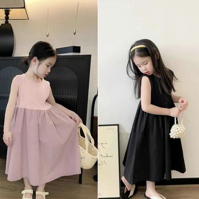 Girls Summer Sweet Patchwork Dresses Middle Kids Sleeveless Cute Comfortable Long Dresses