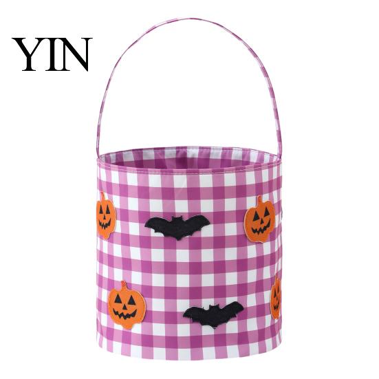 Kids Party Gift Holders Halloween Bucket, Trick or Treat Basket for Boys Girls, Plaid Pumpkin Bags Bat Ghost Candy Tote Bag with Handle Favors