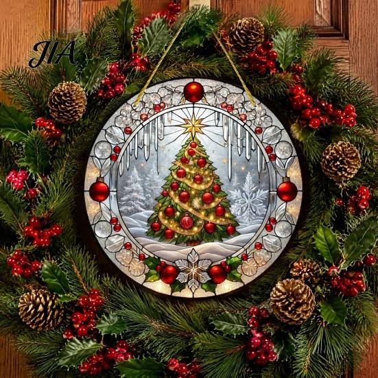Xmas Gift for Family Friends Stained Glass Style Acrylic Window Hanging, Christmas Tree Snow Scene Lightweight Decorative Holiday Gifts Suncatcher,