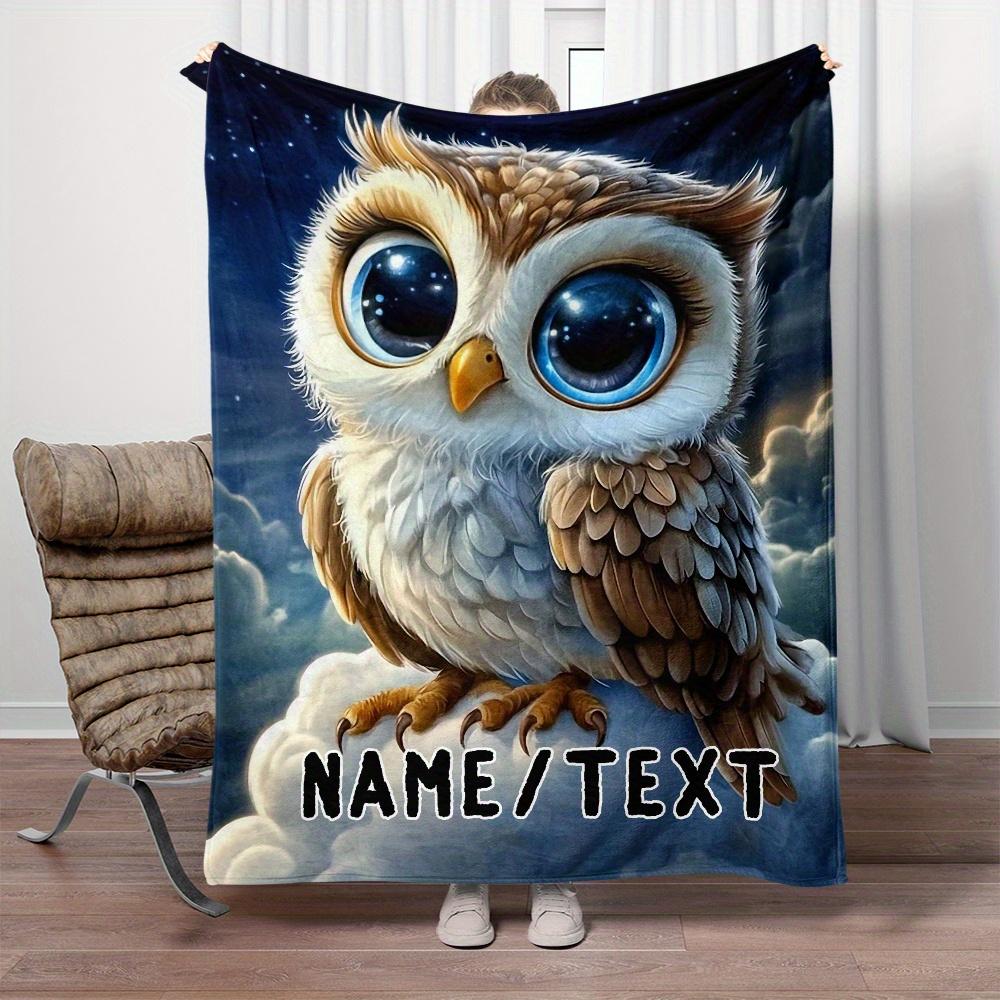 Custom Owl Fleece Blanket With Big Eyes Personalized Name Text Starry Sky Print Throw Soft Warm All Season Bedding Gift For Kids