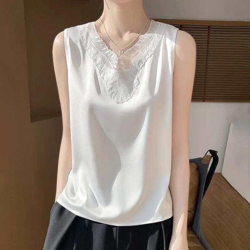 Women's Champagne Camisole Elegant V-Neck Sleeveless Lace Trim Silk-Like Top