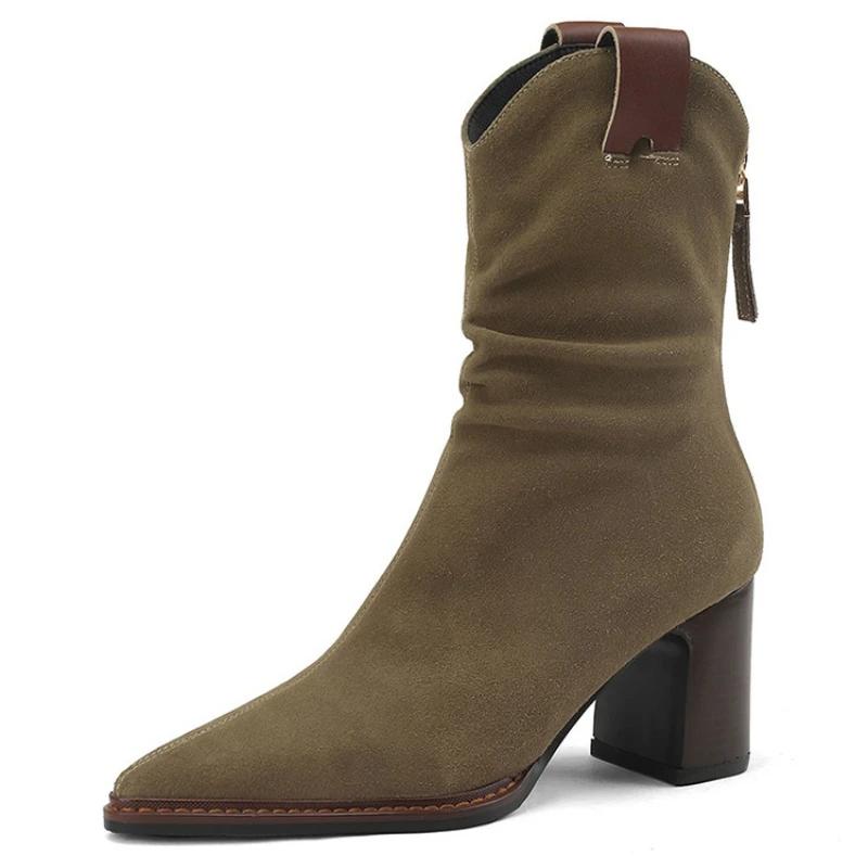 Fashion Suede Low Heel Ankle Boots Chunky Western Cowboy Boots for Ladies Wrinkles Pointed Retro Knights Short Boot Chelsea Boots