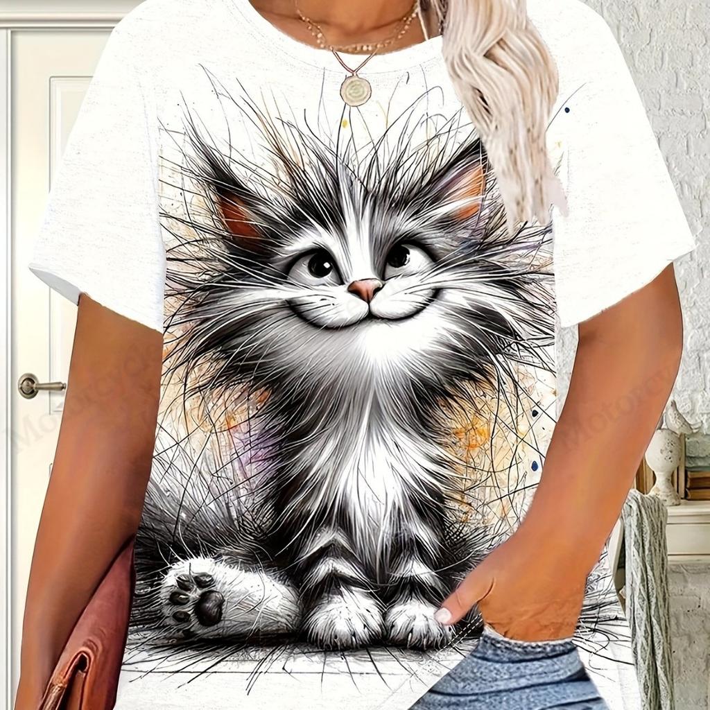 New Women's 3D Cute Cat 3D Printed T-shirt Women's Fashion Casual Round Neck Short Sleeve T-shirt Women's Top T-shirt Cartoon