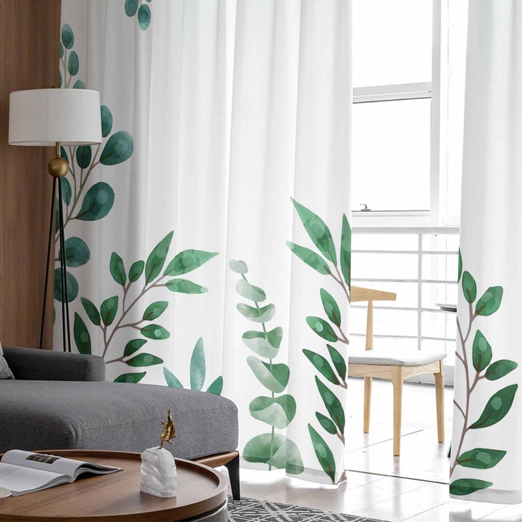 Plant Dark Green Tea Green Leaves Watercolor Rural Sheer Curtains for Kids Living Room Voile Window Curtains Tulle Drapes