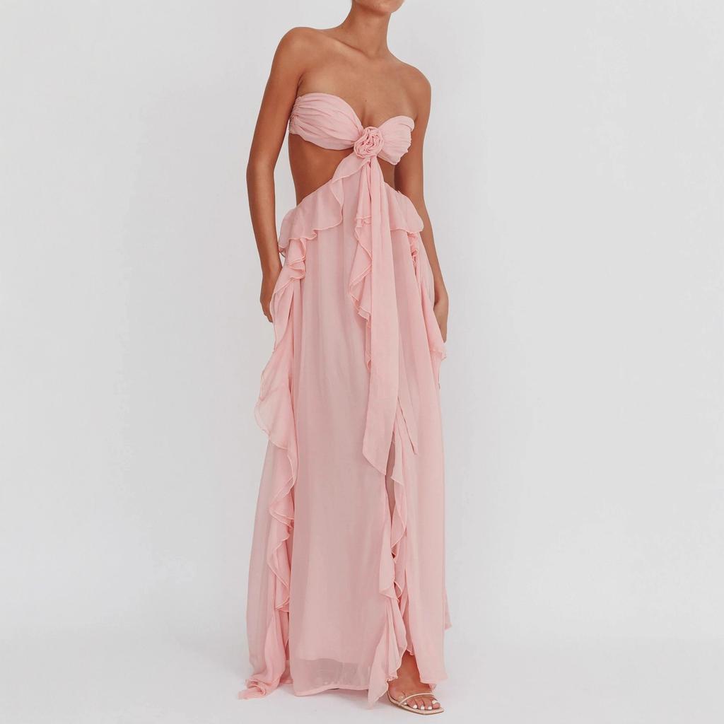In Stock European and American Cross-border Hot Style Backless Sheer Chiffon Tie Ruffle Women's Sexy Strapless Ruffled Long Dress