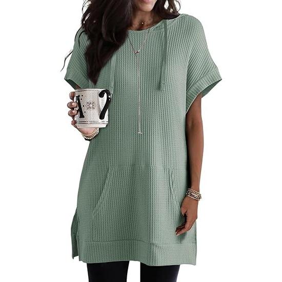 GMXIA Summer Drawstring Hoodie Waffle Knit Side Slit Belt Pocket T