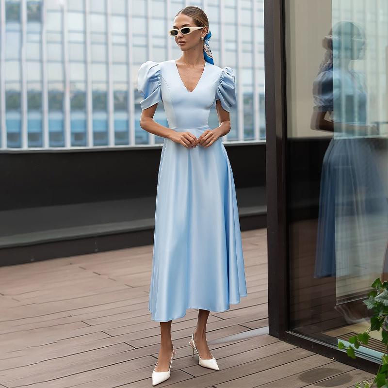 

2025 Women s Autumn Casual V-Neck Solid Color Dress Large небесно-голубой