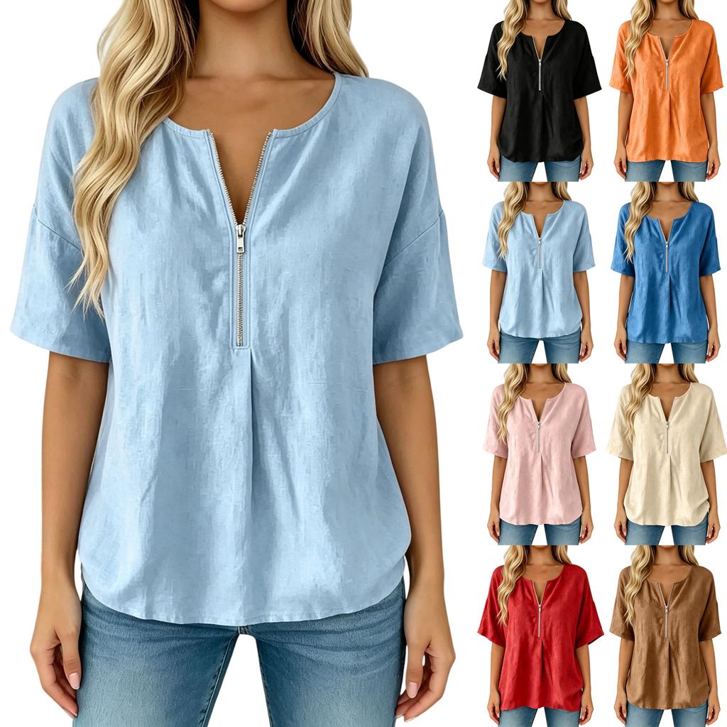 Women’s Fashion Solid Pullover Top with Round Zip Neck Relaxed Fit Short Sleeve Blouse for Casual and Daily Wear
