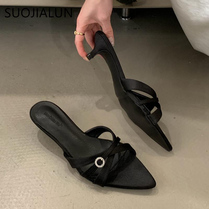 Fashion SUOJIALUN 2025 Summer New Women Slipper Fashion Pointed Toe Open Toe Ladies Elegant Slides Thin Low Heel Outdoor Dress Sandal