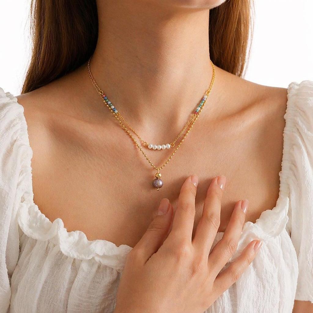 European & American Double-Layer Gray Purple Pearl Necklace, Titanium Steel, Colorfast, 18K Women's Luxury Layered Commuting Accessory