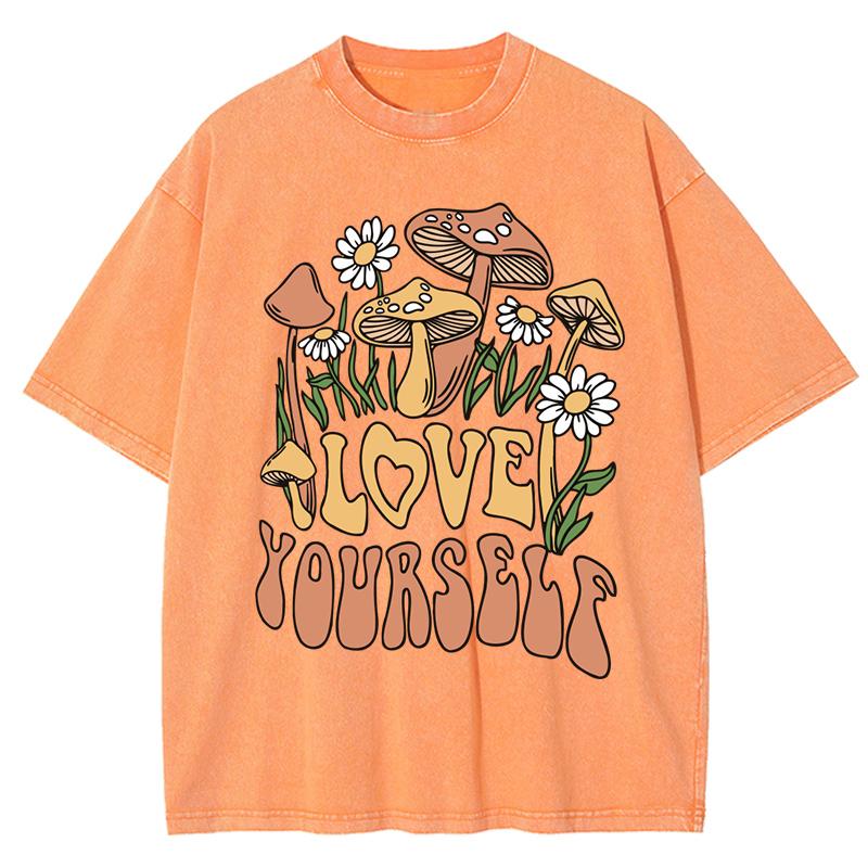 Love Yourself Mushrooms Flowers Printed Women Washed T Shirt Summer Cotton T-Shirts Loose Y2K Clothe Crewneck Short Sleeves