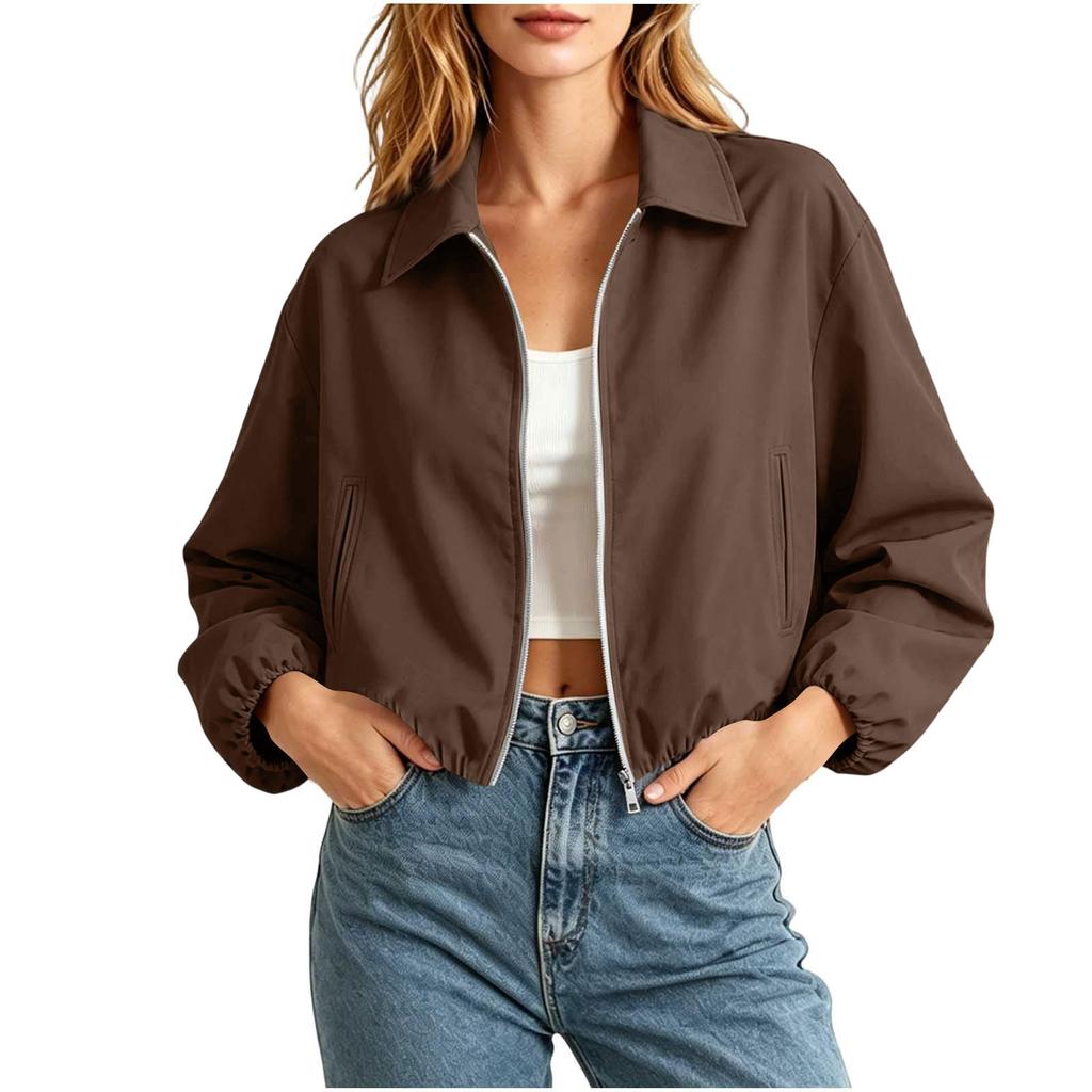 Women's Fashion Short Loose Fit Puffy Zipper Long Sleeve Jacket Outerwear