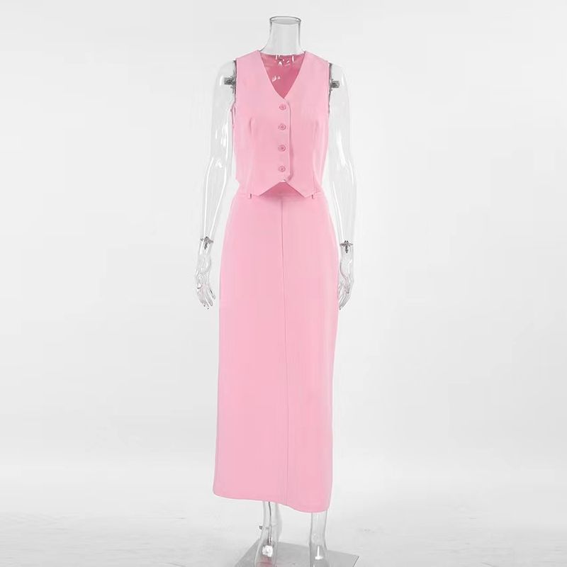 French New Sexy Vest Top Split Skirt Suit V-Neck Vest Half Skirt Set