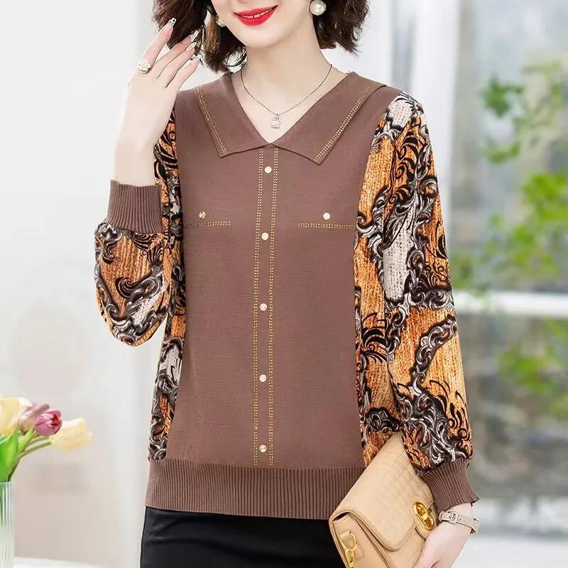 

Женская весенне-осенняя одежда для дома, вязаная футболка с длинным рукавом, большой свободный топ для женщин среднего и пожилого возраста M