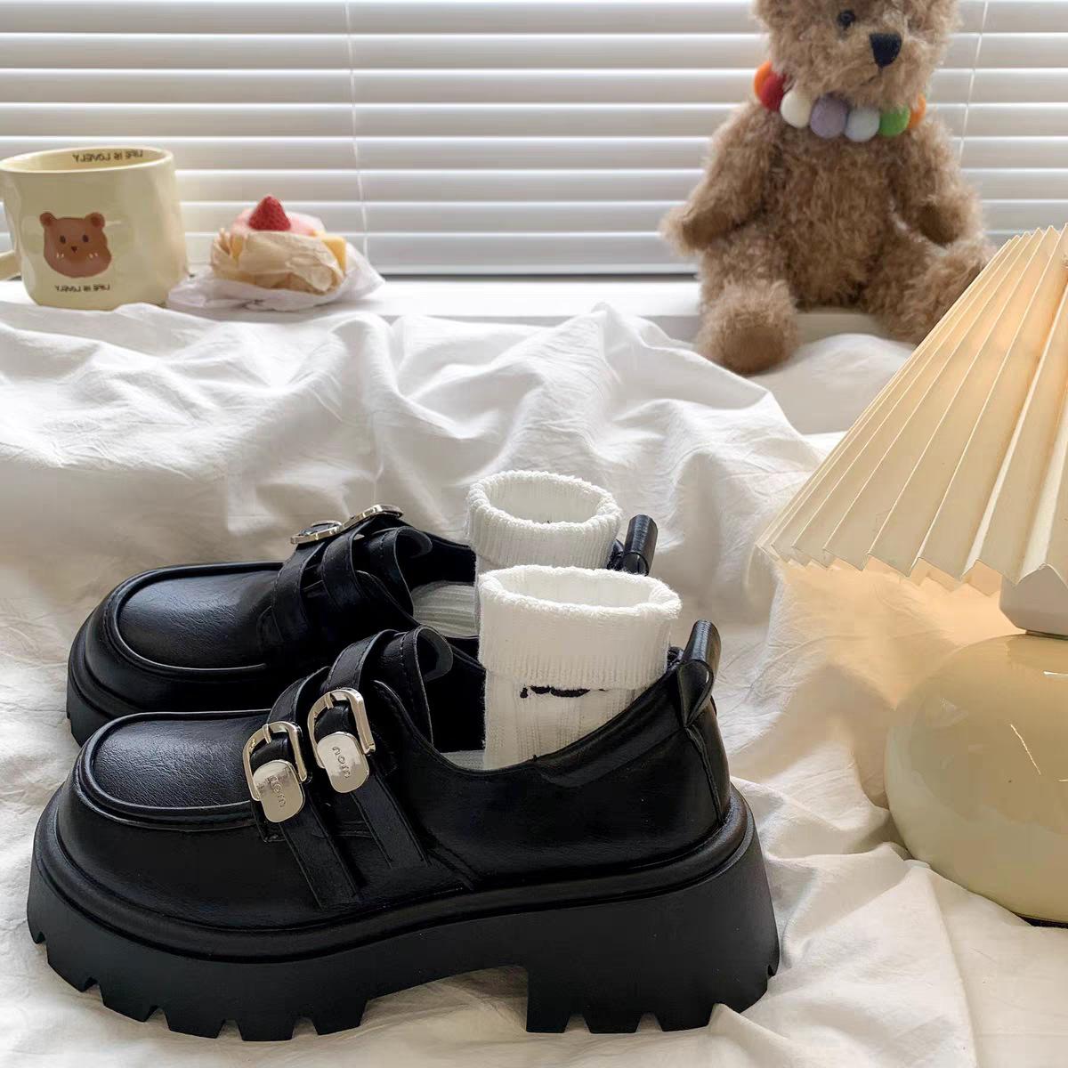 

French thick high-heeled black small leather shoes women s autumn 2025 new small height-increasing thick-soled versatile loafers 35 чёрный