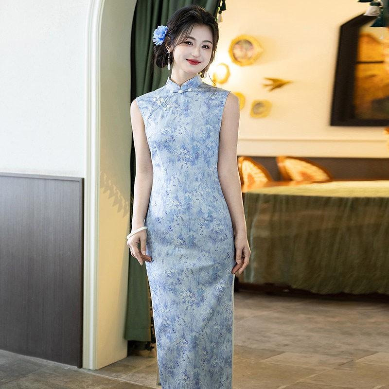Blue Sleeveless Modern Chinese Qipao Dress Long Length Stand Collar Retro Style Women 2026 Small