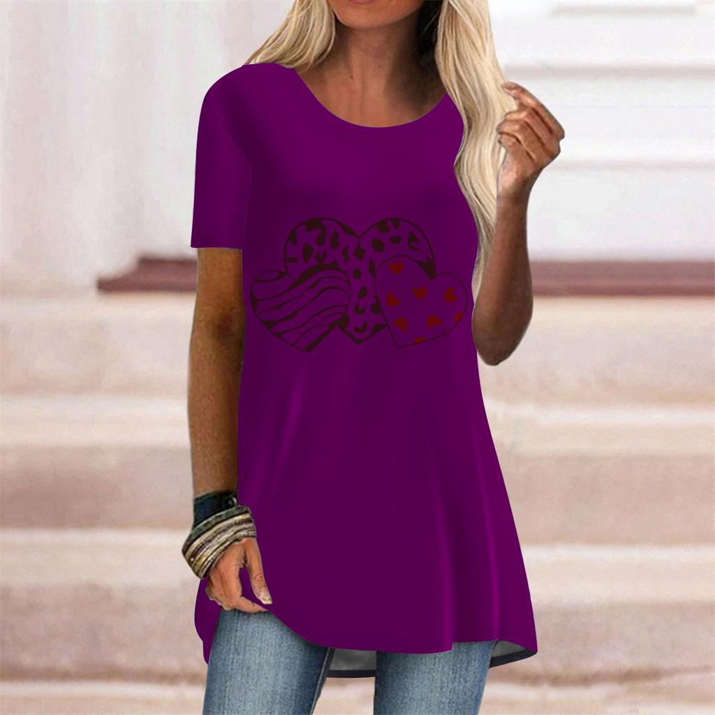 Plus Size Women Summer White Heart-shaped Printed Comfy Short Sleeve Round Collar T-shirt Casual Baggy Mid Length Tee Tops