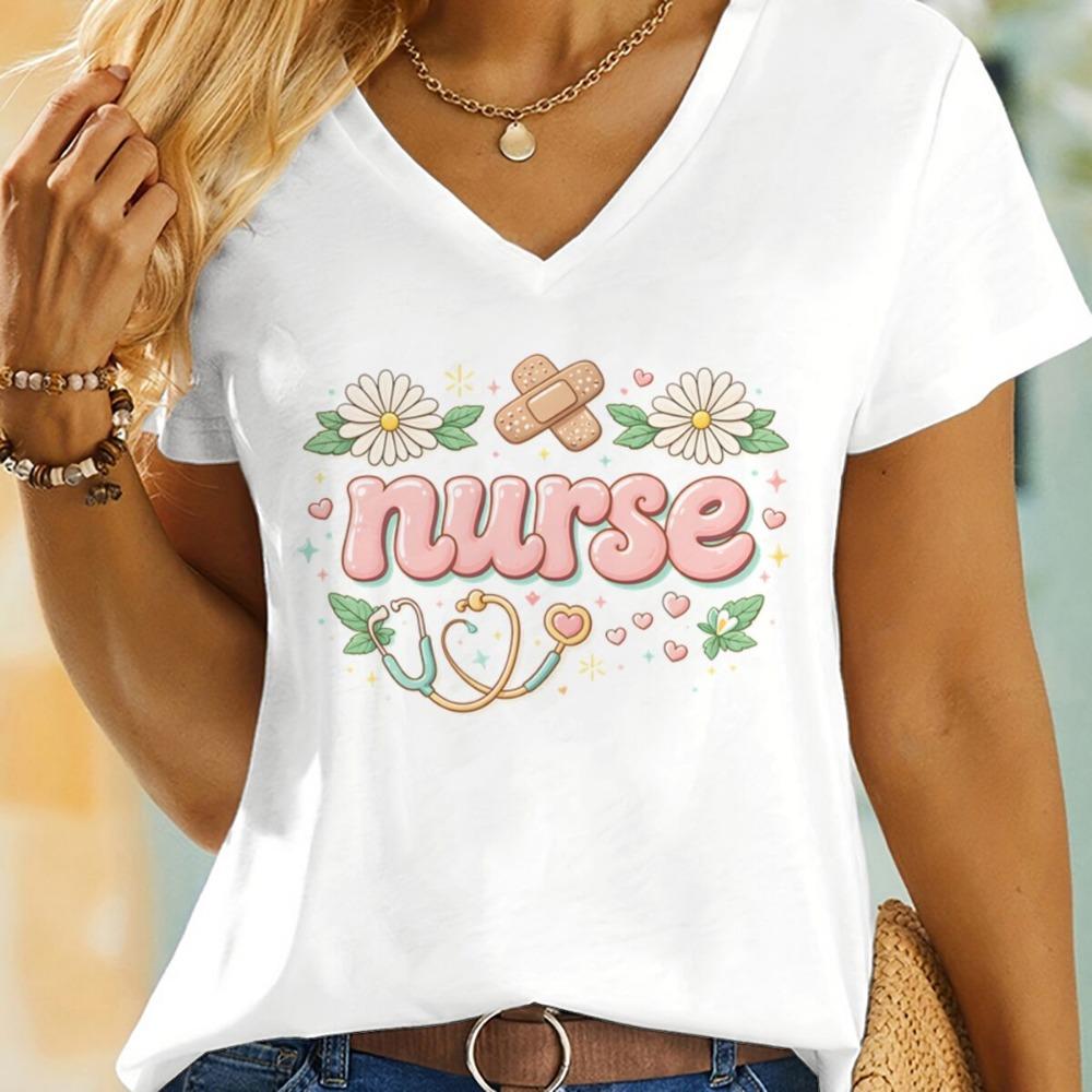Floral Nurse T Shirt Registered Nursing Short Sleeve V-neck Tee Nurse Life Fashion Casual Tops Wild Flowers Nurse T Shirt S