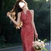 French temperament cross-strap neck dress women's summer new models are particularly beautiful waist pinch holiday dress