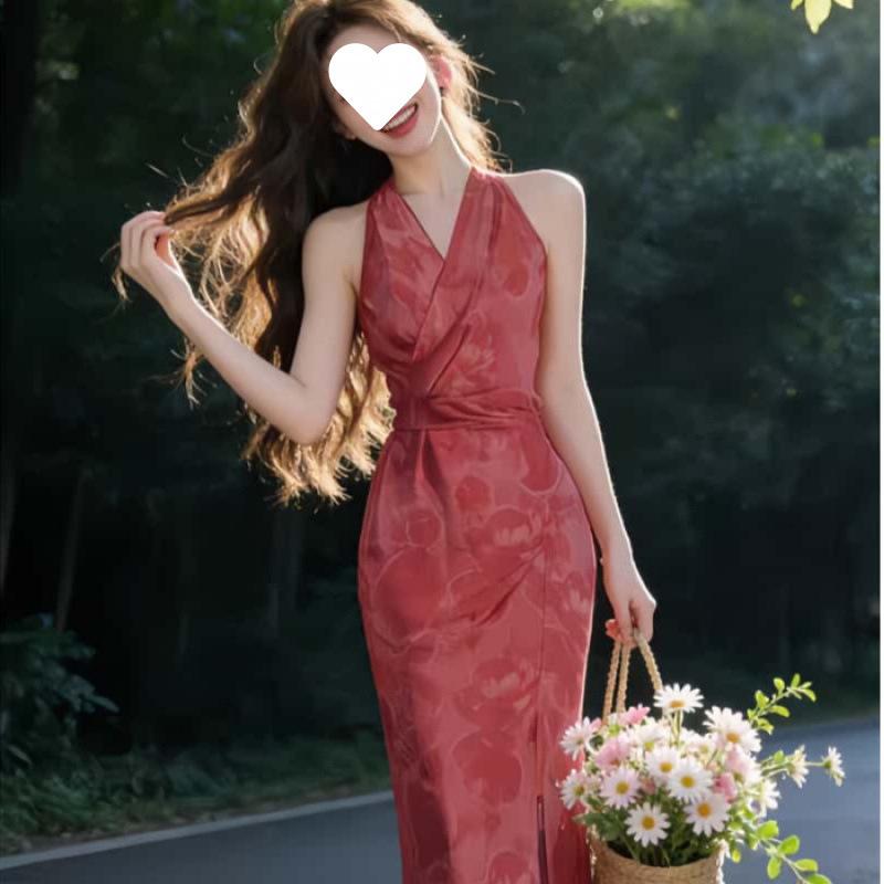 French temperament cross-strap neck dress women's summer new models are particularly beautiful waist pinch holiday dress