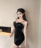 Golden Velvet Slimming Camisole Dress with Patchwork Fur