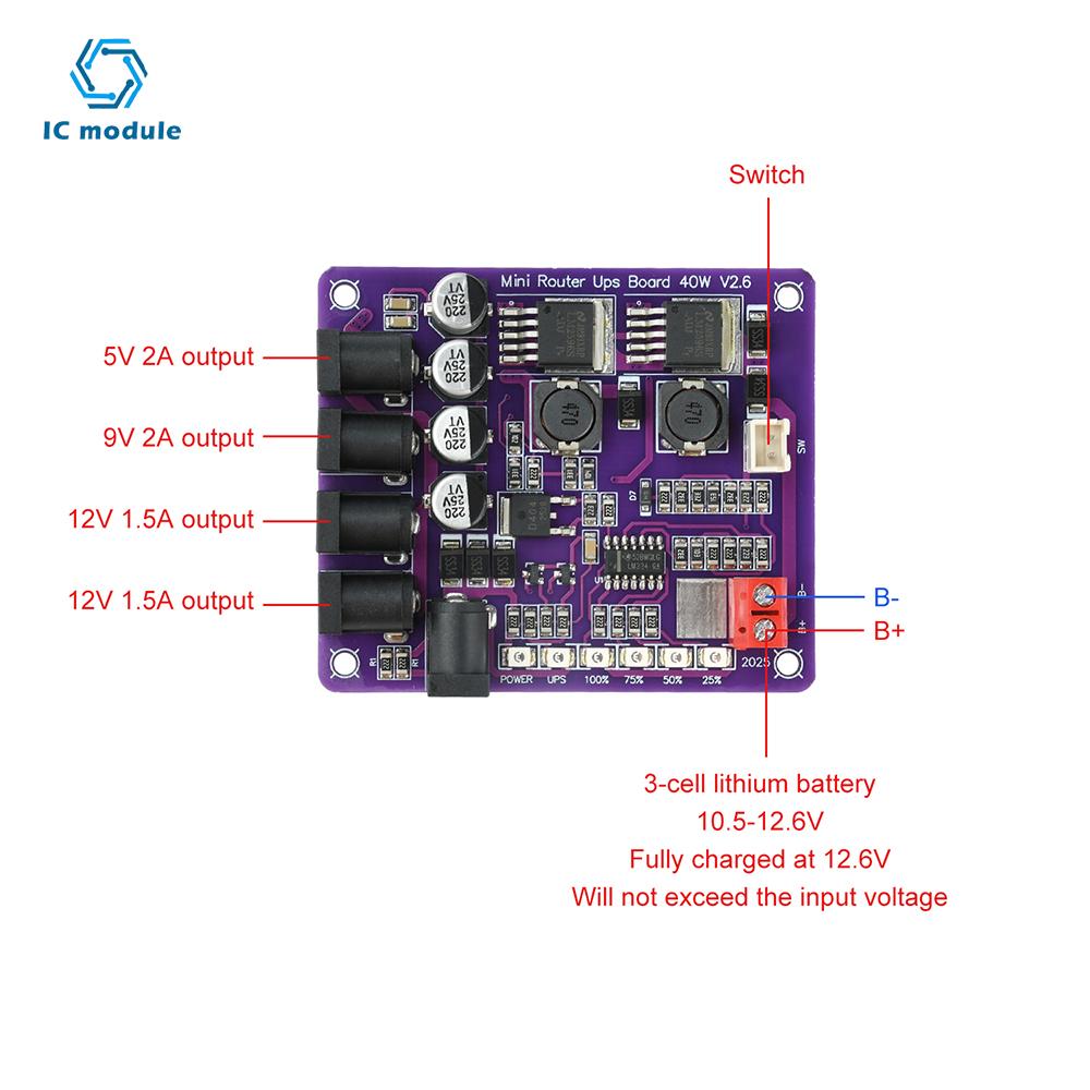 Mini Router Uninterruptible Power Supply Board 40W 12.6V Battery Charging Board 3S Lithium Battery Input 5V/9V/12V Output