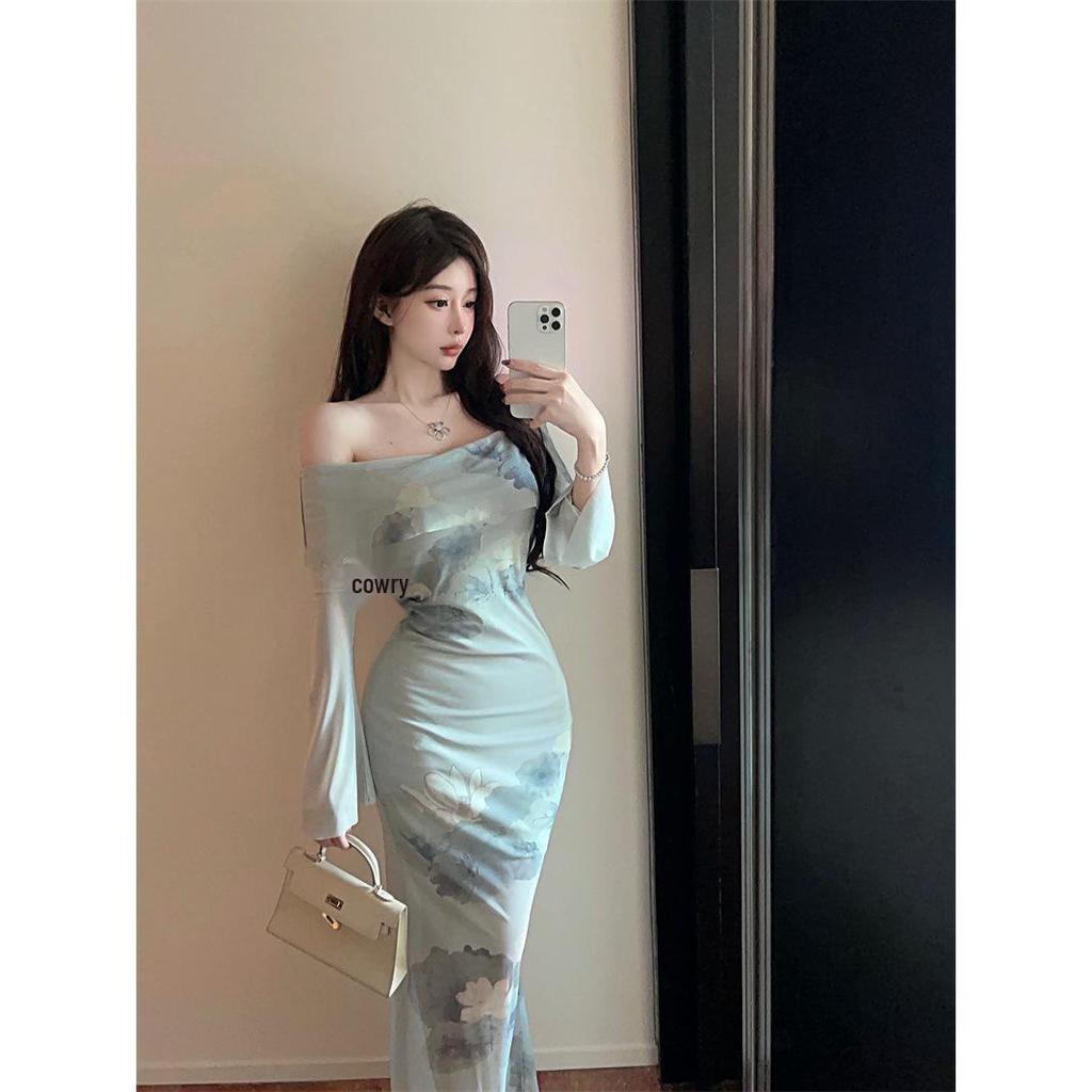 Elegant Off-the-Shoulder Mesh Fishtail Cheongsam Dress - Women's Summer Fit