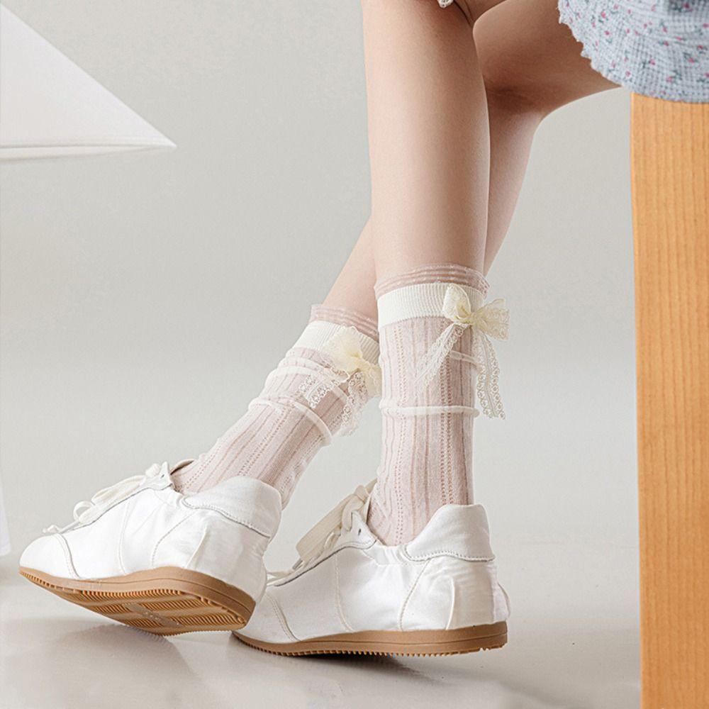 3Pairs Breathable Mid Tube Socks Ruffle Sweet Socks Women Fashion Mesh Bowknot Socks  Lady