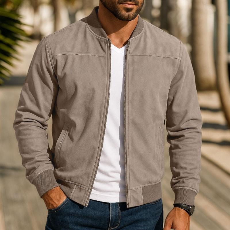 Mens Suede Jacket Stand Collar Zip-up Business Casual Solid Color Slim Fit
