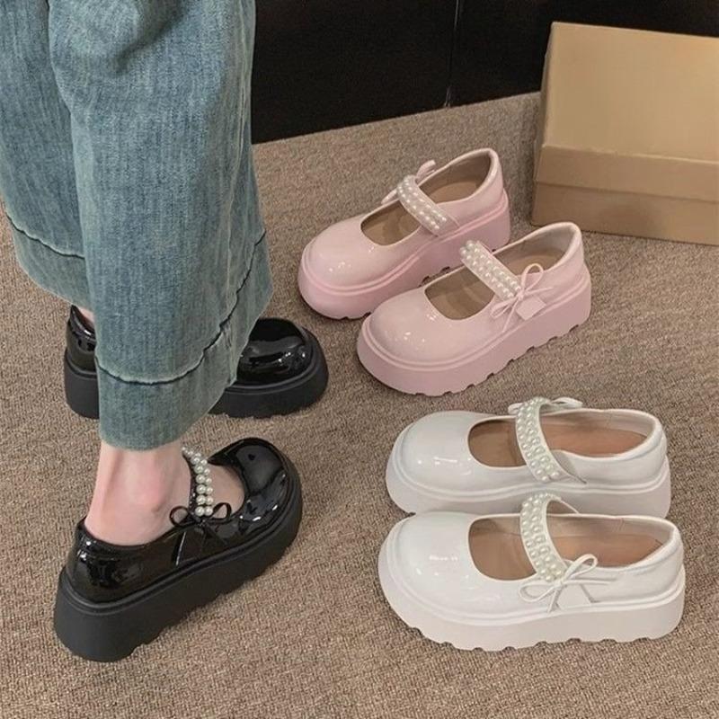Fashion Bow Platform Single Shoes Autumn New Round Toe Shallow Mouth Beaded Non-Slip Wear-Resistant Wedge Mary Jane Shoes