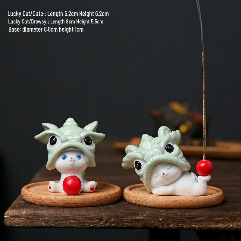 Ceramic Cat Incense Holder: Cute Lion Dance Pet Ornament for Home Décor.
