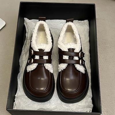 Fashion British Style Leather Shoes for Girls Winter 2024 Thick Soled Lamb Wool Warm Uniform School Cotton Shoes Plush PU Woman