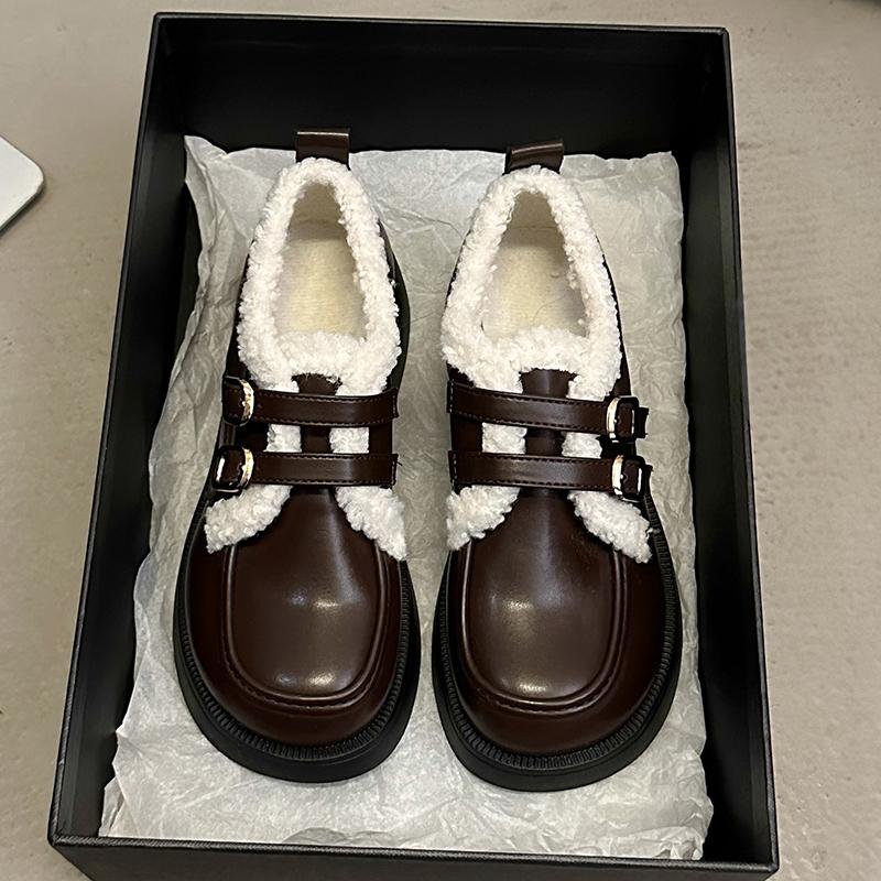 Fashion British Style Leather Shoes for Girls Winter 2024 Thick Soled Lamb Wool Warm Uniform School Cotton Shoes Plush PU Woman