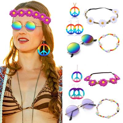 1 Set Women Costume Accessory Set Peace Sign Flower Beaded Decor Vintage 60s 70s Disco Party Favors Cosplay Earrings Sunglasses Necklace Headband Set