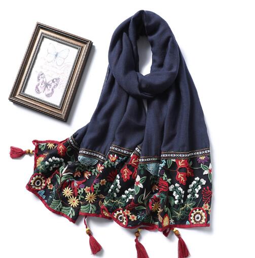 

Vintage cotton and linen scarves solid colors and all matching shawls long wood bead tassel Muslim headscarf embroidery scarves 80x190cm