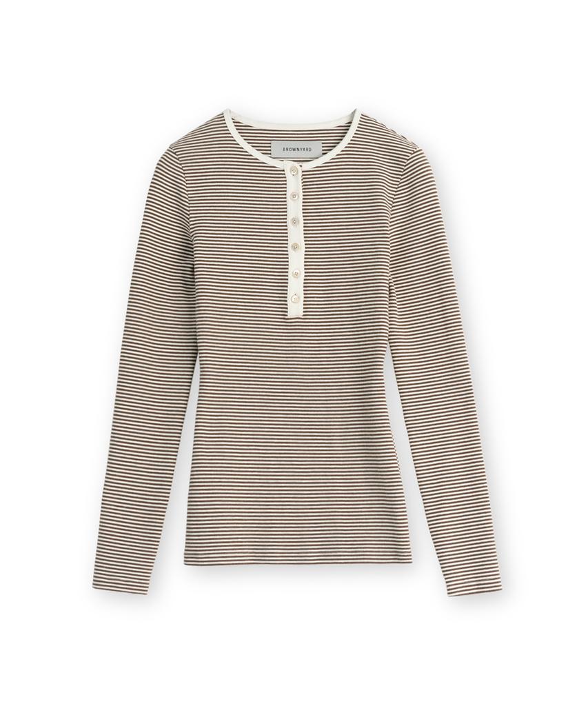 Beulaunyadeu W Henley Neck Long Sleeve, Brown Stripe