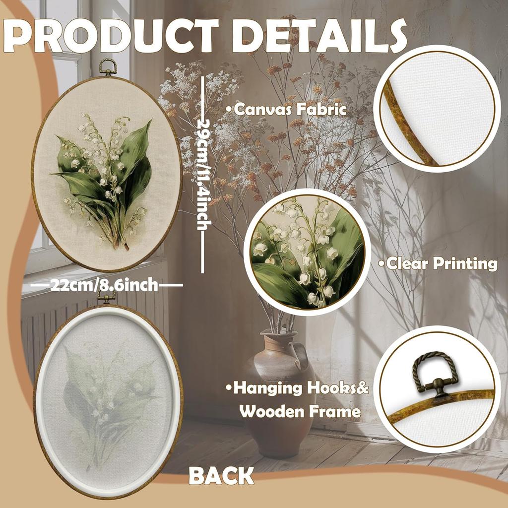 CUANFDDSF Vintage Lily of the Valley Floral Oval Wall Art Decor, Retro Flower Botanical Wall Hanging Decor, Vintage Botanical Framed Canvas Prints