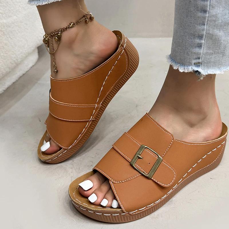 Fashion Metal Buckle Design Wedge Sandals for Women Rome Plus Size Open Toe Platform Sandal Woman Beach New Pu Leather Sandalias Mujer