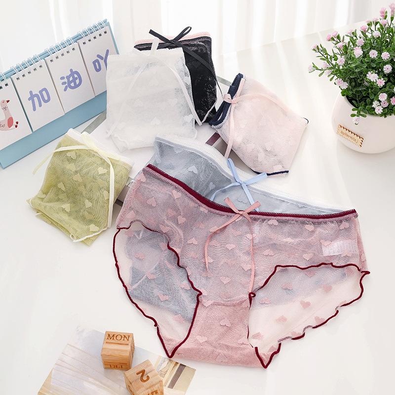 Women Summer Girls Kawaii Princess Briefs Cute Love Lace Transparent Cotton Inner Crotch Panties Sexy Thin Breathable Girl Underwear