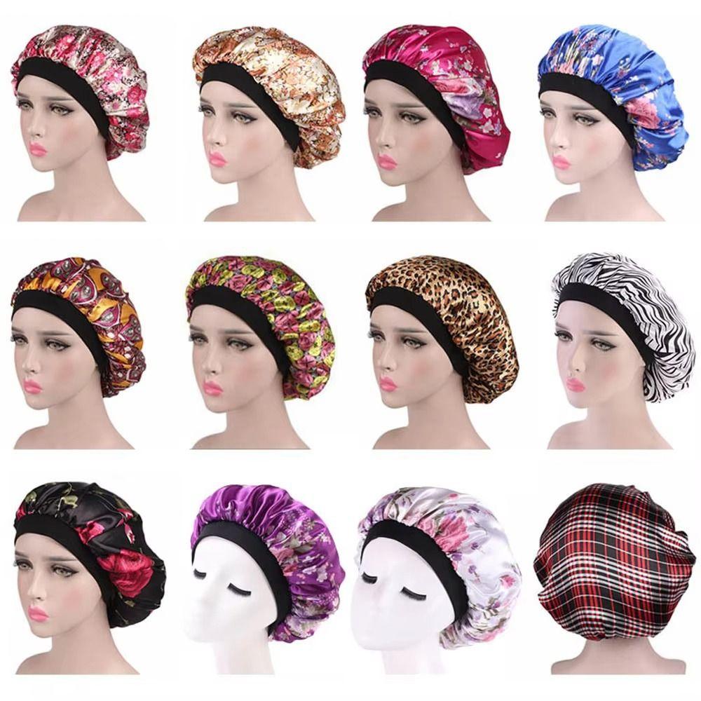 Elastic Wide Band Satin Sleep Bonnet Hair Loss Cover Bath Hair Cap Night Cap  Hair Wrap Accessories