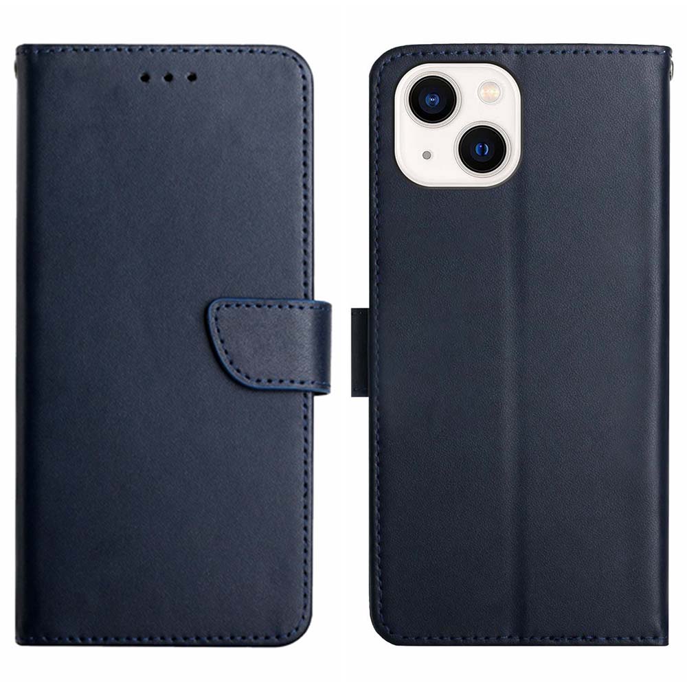 

HT02 Wallet Stand Case for iPhone 15 Genuine Cow Leather Nappa Texture Shockproof Phone Cover Blue