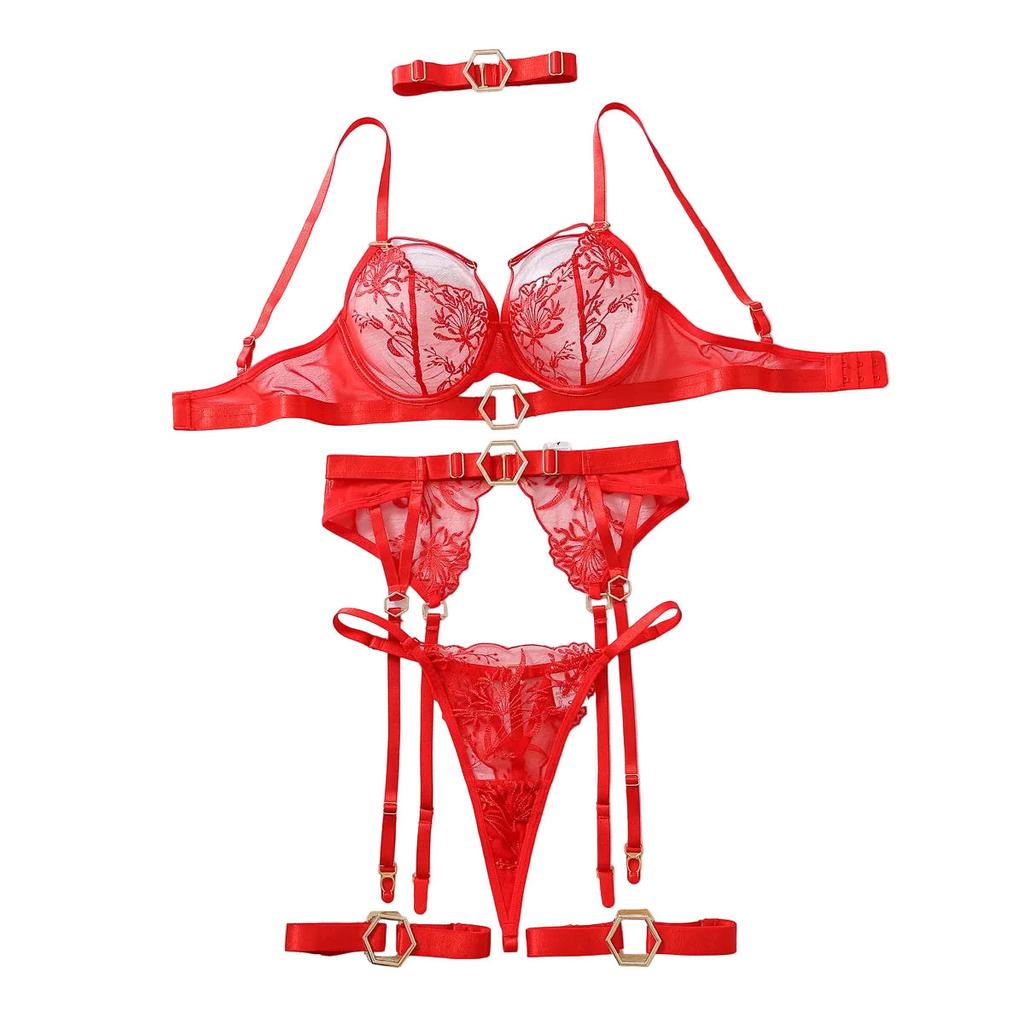 Metal Buckle Embroidery Mesh Splicing Heavy Duty Erotic Lingerie Five Piece Set Underwear
