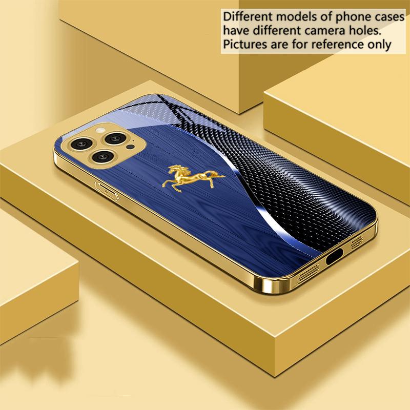 Holzmaserung Goldenes Pferd Für IPhone 16 Pro Max 15 Pro 14 13 Plus 12 Mini 11Pro Max XS Max XR Goldene gehärtete Glas Handyhülle