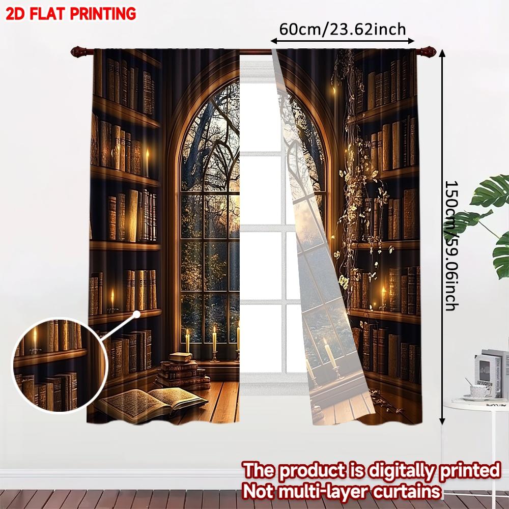 Bogenfenster Waldbibliothek Vorhänge Gemütliches Bücherregal Geheimnisvoller Dunkler Wald Blick Einlagig Realistische Szene Vorhang Set Von 2 Hergestellt Polyester Waschbar